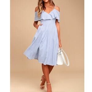 Lulus Yacht Rock Blue and White Striped Off The Shoulder Midi Dress Surplice